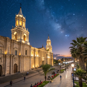 A majestic view of the Basilica Cathedral of Arequipa under the night sky. Illuminated by vibrant lights, the cathedral's ornate towers and detailed architecture stand out against the dark blue background. The scene captures a bustling street with people walking and sitting beneath palm trees and street lamps.