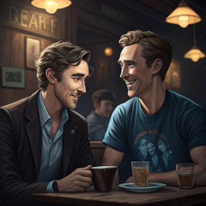 Lee Pace and Benedict Cumberbatch, hanging out in a dimly lit cafe. Lee in a dark blazer and v-neck shirt, Benedict in a blue graphic t-shirt. Both actors share a light moment, captured candidly