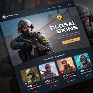 Homepage of a platform dedicated to trading Counter-Strike: Global Offensive (CS:GO) skins. Dark theme, prominent display of various CS:GO items. Header includes site logo and navigation icons, followed by large images of in-game characters and thumbnails of available skins for purchase.