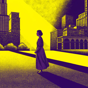 Cover art for 'Flannery O'Connor: Complete Stories'. Woman in vintage dress walking through modern cityscape.