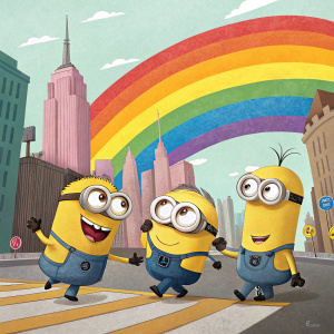 Minions from Despicable Me, animated characters, cheerful, in a bustling street scene. Rainbow colored background with city skyline
