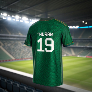 A 3D render of a green jersey featuring 'Thuram' and '19' in pixelated font. Stadium background.