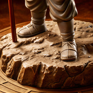 A detailed statue of Goku's feet, standing on a rocky, jagged base. Grayish material.