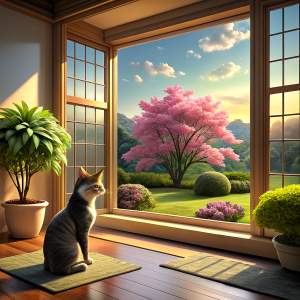 A cat looks at the view of the flowering garden from the window of the house