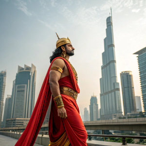 Digital illustration of Duryodhan, an iconic character from the Mahabharata. Wears vibrant red and gold attire. Set against a backdrop of modern urban cityscape, blending traditional Indian elements with contemporary graphics. Comes with a short story detailing his significant role in the epic.