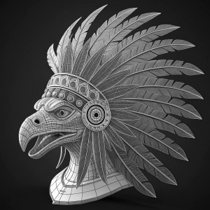 Digital grayscale wireframe illustration of a Quetzalcoatl head. Intricate details and patterns in the feathered headdress. Dark, uncluttered black background.