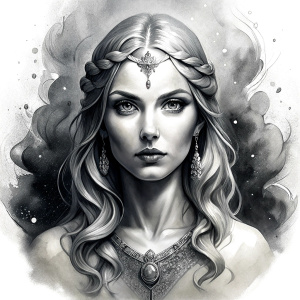 Saga, The Seer - Nordic Goddess of Sagas & Myths perfect realistic art, high-definition grey and black, white background tattoo design