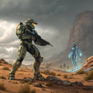 Concept art featuring Master Chief and Cortana from Halo series. Detailed desert landscape with intricate character designs. Dynamic poses.