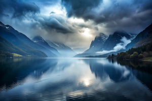 Rainy day. A lake. In the background, some mountains lost in the fog are reflected in the lake. Cold and gray environment. 