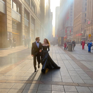 Brad Pitt and Angelina Jolie, dressed in elegant attire, walking down a bustling city street. Bright sunlight, passersby in the background.
