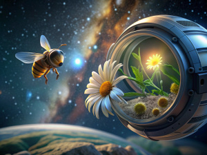 a bee flies out of the life support module of a bee hive in the conditions of an orbiting space station, a chamomile flower grows in a pot