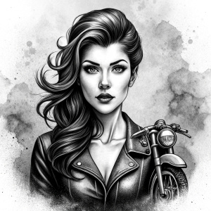 motorcycle bikerlady tattoo design - perfect realistic art - high-definition - grey and black - white background 