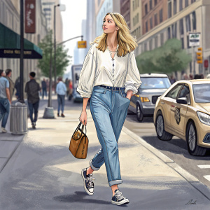Whitney Port, blonde hair, in casual attire, white blouse, blue jeans, sneakers. Walking down a bustling city street with cars and people in the background.