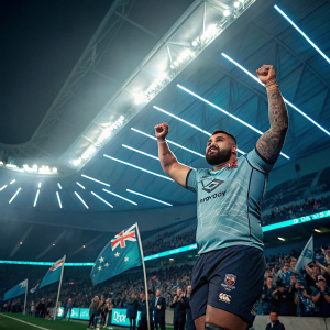 Andrew Fifita, rugby star, celebrating a victory indoors. Neon lights, modern stadium, cheering fans in the background