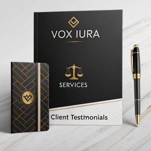 Modern and sophisticated branding for legal firm Vox Iura. Features sleek black and gold color scheme. Includes logo, services overview, and client testimonials. Professional layout and design.