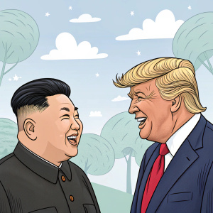 A vivid political cartoon depicting Kim Jong-un and Donald Trump in a lighthearted setting. Using playful caricatures to highlight their distinctive traits.