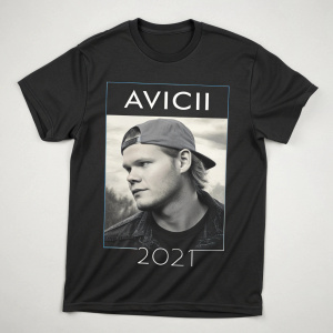 Tribute shirt featuring Avicii's photo and commemorative text. Worn by fans at memorial event.