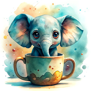 Vintage Old, Watercolor Soft Colors, Beautiful Cute Elephant baby whit Coffee Mug, Frontal View