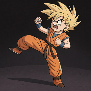 Gohan from Dragon Ball, standing fiercely with one foot raised, angry face. Simple orange outfit, belt, spiky hair. Dark background