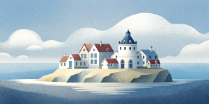 White illustration, Rene magritte style, isolated surrealistic collage of a lot of old Belgian houses and trees on island, huge ocean and big sky, light pastel colors, asymmetrical composition, zoom out view, grainy texturing paper