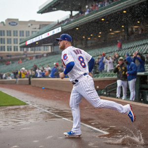 Ian Happ, Chicago Cubs player, wearing jersey number 8. Running on a wet stadium field. Fans in the background