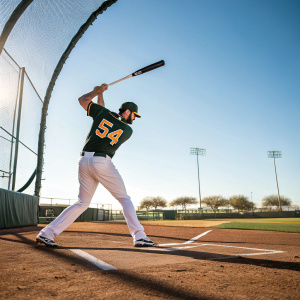 Drew VerHagen in an intense batting practice session. Wearing number 54 jersey and white pants. Focused look on his face. Pitching from the mound under clear skies, shadow on the field