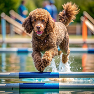 imagen que represente a un French Poodle marrón participando en clases de agility y otros deportes caninos para canalizar su hiperactividad exacerbada. En la imagen, el perro debería estar realizando actividades como en una carrera de canicross, o jugando en el agua durante una sesión de dock diving. Se deben mostrar elementos característicos de cada deporte, como obstáculos de agility, una pista de canicross o una piscina para dock diving