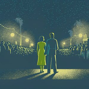 Akbar Gbajabiamila and Chrystal Gbaja-Biamila on a bustling Hollywood street during a movie premiere. Akbar in a navy suit, Chrystal in a vibrant green dress. Crowds and lights in the background.