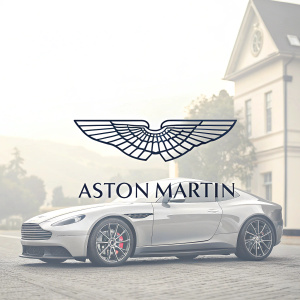 Aston Martin logo redesign. Winged emblem and brand name in sleek, modern font. Luxurious and timeless.