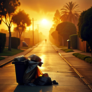 Rubbish on the side of street with the sunset