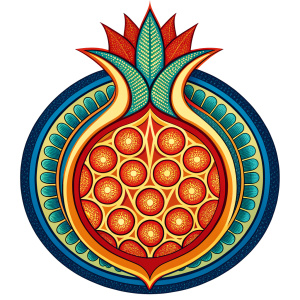 The cover of the book is in the national Armenian style, a vector drawing of a pomegranate (fruit) with national unique patterns, the style is stained glass, the drawing should be symmetrical and not too detailed