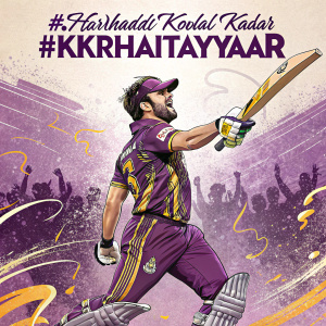 Promotional poster for Knight Riders cricket team. Male athlete in purple and gold uniform, vibrant background with dynamic brush strokes. #HarHaddKoLalkaar and #KKRHaiTayyaar displayed in energetic and celebratory style.