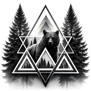 valknut runes pattern geometric symbols - bear and trees - tattoo design - perfect realistic art - high-definition - grey and black - white background 