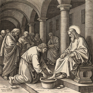 An intricate woodcut by Albrecht Dürer, depicting Jesus washing the feet of the apostles. The artwork features detailed figures in traditional biblical attire. The stark contrast between light and shadow, creating a sense of depth and drama.