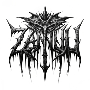 logo con el nombre de Zanju estilo deathmetal agresivo con fondo blanco y letra negra con referencia a caballeros cruzados cristianismo