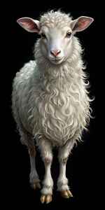 una imagen muy detallada de: ( UNA OVEJA blanca, Mansa, lanuda, sigilosa, herbívora, dócil) .Fondo negro, Cuerpo entero, 64k, Detalles finos. 