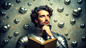 The picture shows a person engrossed in an old book, surrounded by historical elements like a knight's armor and a Victorian dress. Above their head, thought bubbles filled with emotions represent the character's feelings from the novel, symbolizing mind-reading through literature. add big white number '3'