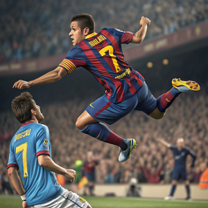 Alexis Sánchez, FC Barcelona, mid-air leap at Camp Nou. Wearing a vertical stripe jersey with large number and contrasting colors. Opposing player in blue jersey, defensive stance. Crowd blurred, emphasizing match intensity. High-resolution, dynamic action shot.