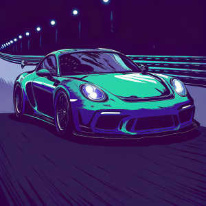 Green Porsche 718 Cayman S with widebody kit on display at Monaco Grand Prix. Bright lights illuminate the car on a grey track.
