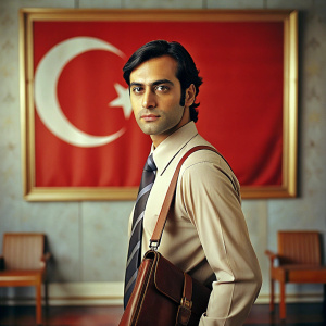 Draw a Turkish young man interested in politics. Let the young man have a bag in his hand. Let it be a meeting room.