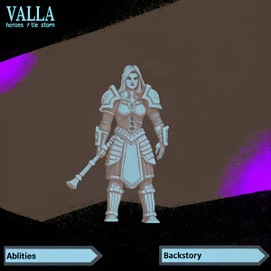 In-game screenshot of Valla from Heroes of the Storm. Resolute look, medieval armor, brown and metallic hues. Dark futuristic background, purple tint. Interface with tabs detailing abilities and backstory.