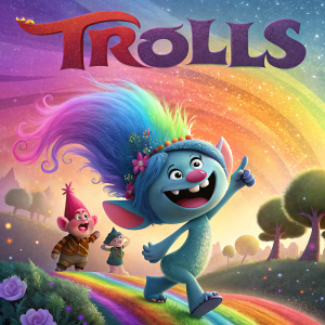 Movie poster of Trolls. The poster features a colorful, fun atmosphere with the word Trolls displayed in bold letters. A small, cheerful troll character is center stage.