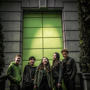 Ricardo Hurtado, Lance Lim, Breanna Yde, Tony Cavalero, Jade Pettyjohn, and Aidan Miner gathered for a Nickelodeon award ceremony. Wearing casual outfits. Backdrop is neon green and yellow