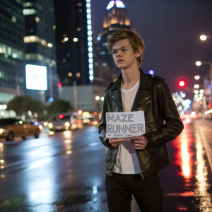 Thomas Brodie-Sangster, youthful actor, wearing a black leather jacket and white t-shirt. Standing in front of a bustling cityscape at night. Holding a script with the title 'Maze Runner: The Scorch Trials'