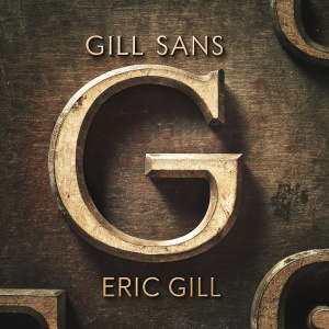 Close-up of 'Gill Sans' typeface from Eric Gill's design document. Curly lines and detailed text about the font's history and its creator, Eric Gill, in a serene green hue.