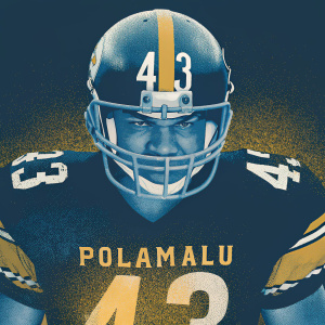 Digital portrait of Troy Polamalu, determined stance. Pittsburgh Steelers uniform, black and yellow. Helmet, visor, logo, number 43. Dark dotted background.