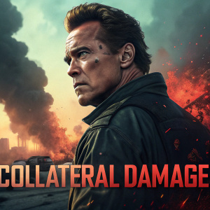 Arnold Schwarzenegger, starring in 'Collateral Damage'. Dramatic action movie poster with intense background