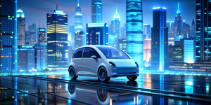 futuristic technology EV car on blurred city background, HD, minimal