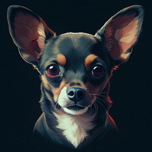 real color, contrast, dither, funky, chihuahua dog face, late60s, retro drawing, vector, graphic art, realistic, detailed, black background