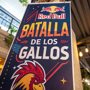 Promotional flyer for Red Bull Batalla de los Gallos. Vibrant colors, logos, and event details in Spanish. Close-up shot.